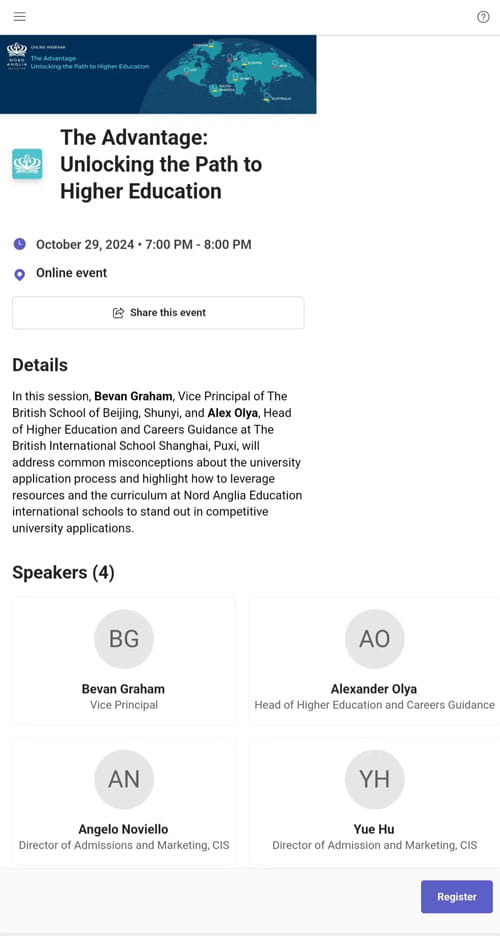 Join Online Webinar "The Advantage: Unlocking the Path to Higher Education" 29th October and hear from Nord Anglia experts - Join Online Webinar The Advantage Unlocking the Path to Higher Education 29th October