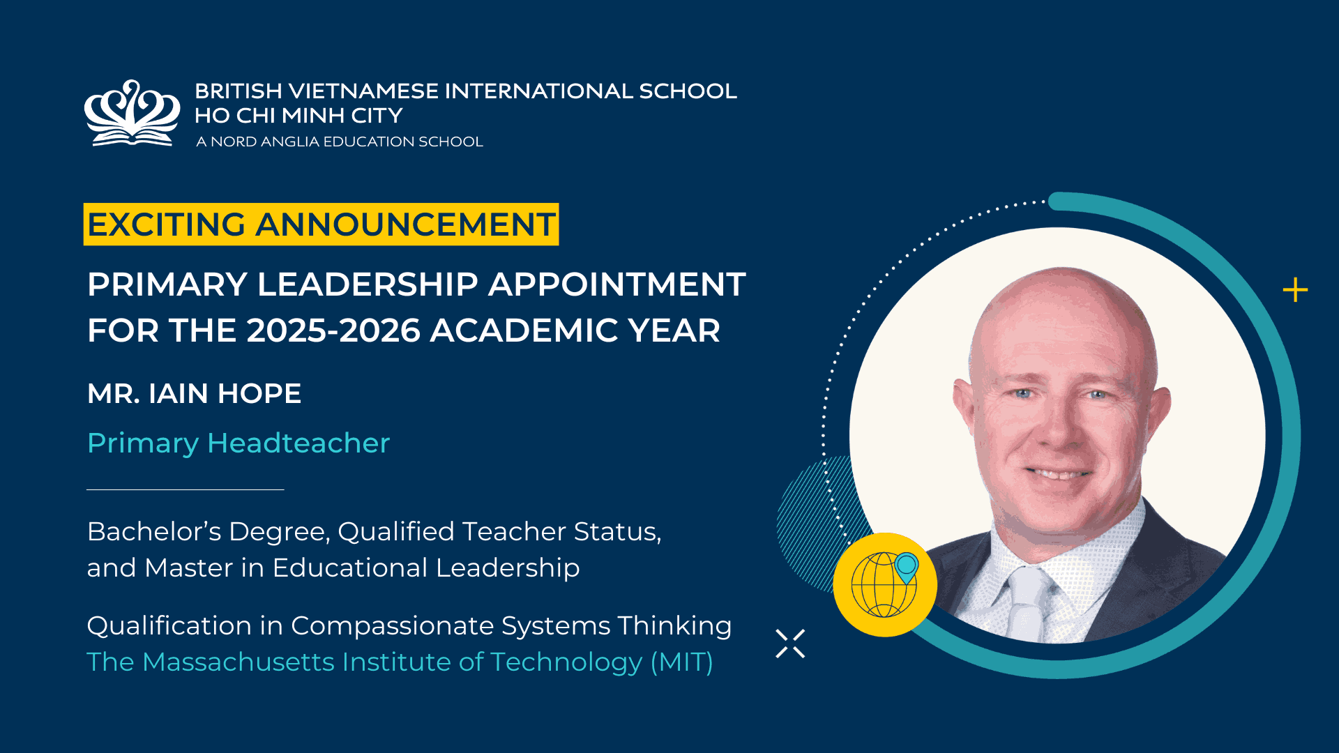 Congratulations to Mr. Iain Hope on his appointment as Head of Primary for the 2025-2026 academic year at BVIS - Mr Iain Hope as the new Head of Primary for the next academic year